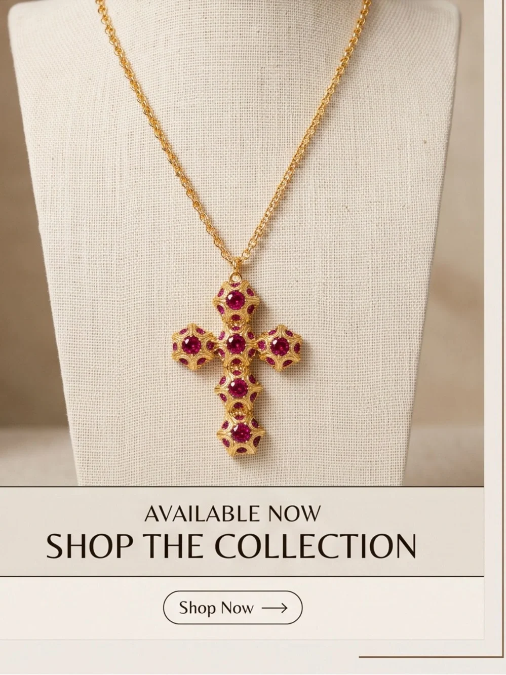 Gold-Tone Cross Pendant Necklace with Fuchsia Accents